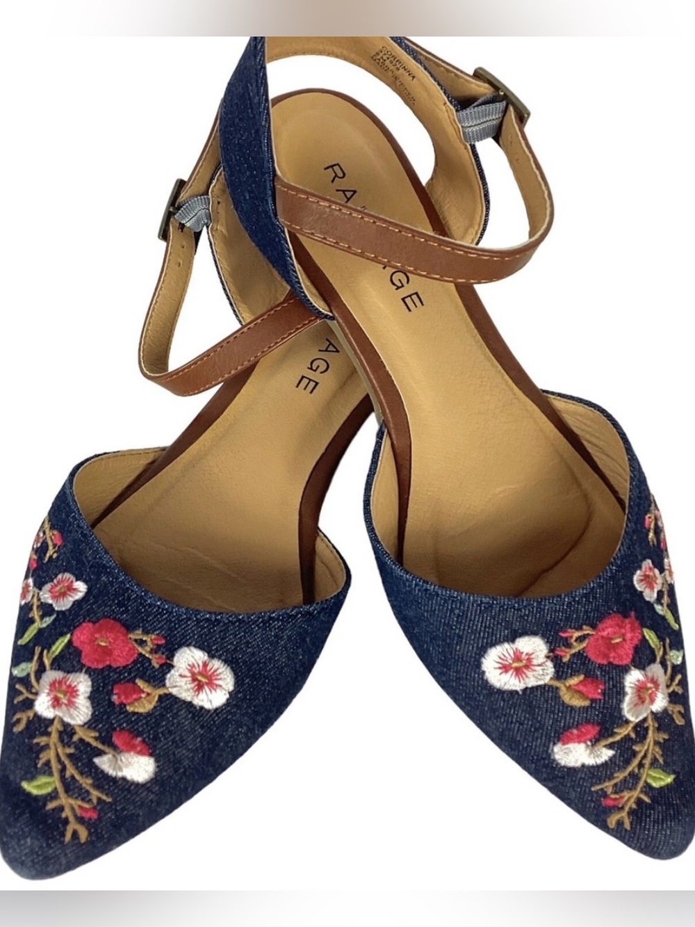 Rampage Blue Denim Embroidered Pointed-Toe Ankle Strap Flats